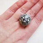 Grey Triangles Hand Painted Wooden Adjustable Ring