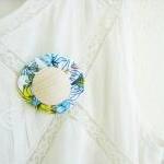 Fabric Yo Yo Brooch Flowered With Wood Button