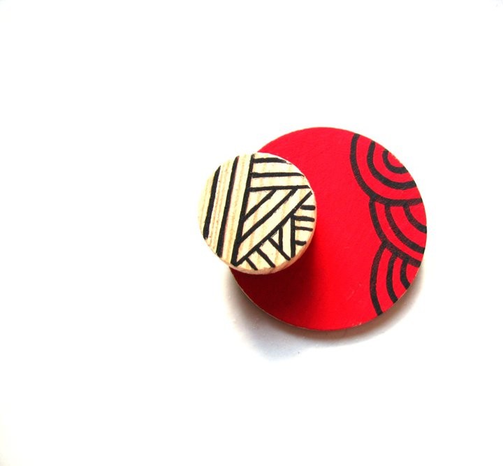 Red Geometric - Brooch Hand Painted Wooden Recycled