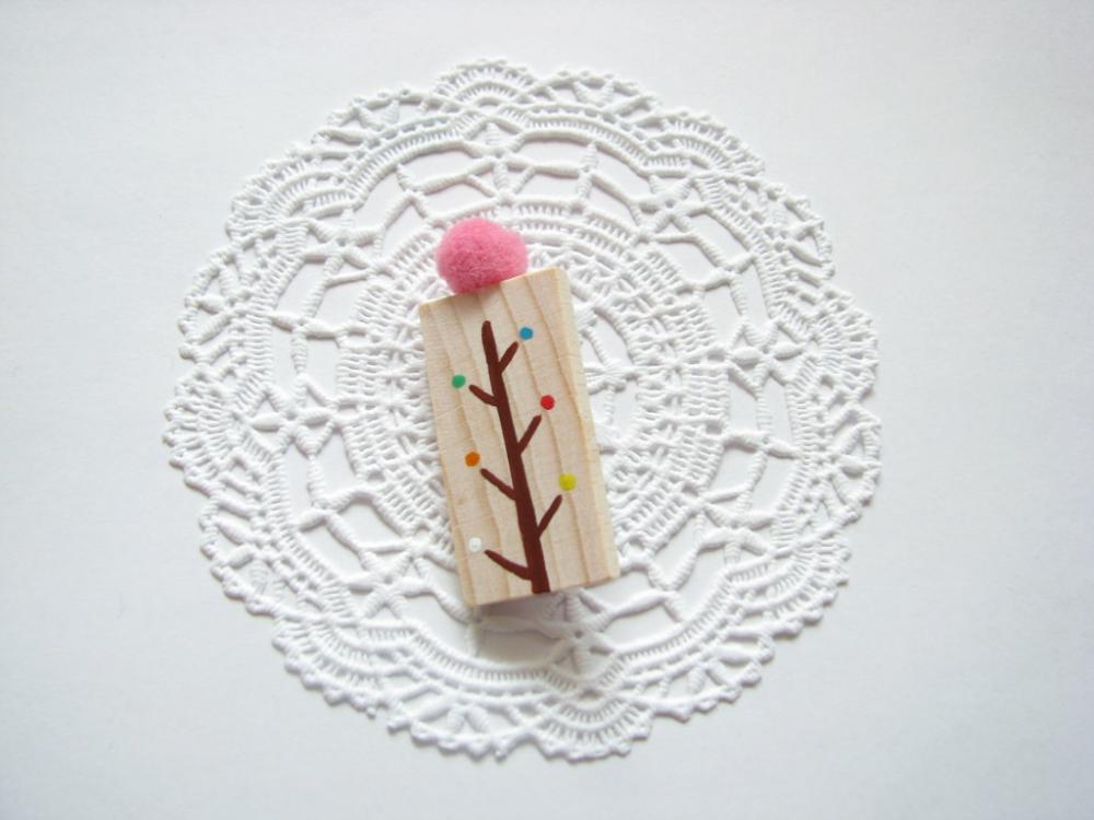 Hand Painted Wooden Brooch Pon Pon Rainbow Tree