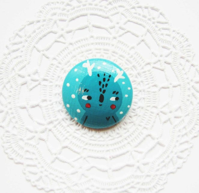 Hand Painted Wooden Brooch Little Whimsical Creature Turquoise