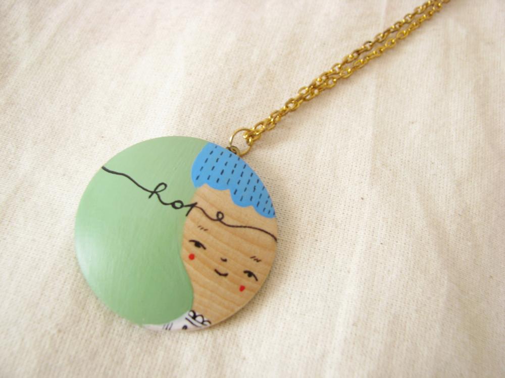 Hand Painted Illustrated Wooden Necklace Pendant Wearable Art