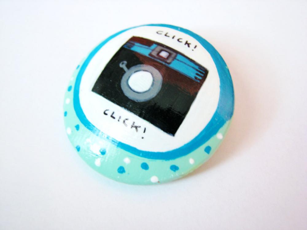 My Diana Camera - Turquoise Hand Painted Wooden Brooch